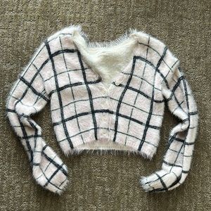 Urban outfitters cropped pink plaid fuzzy cardigan